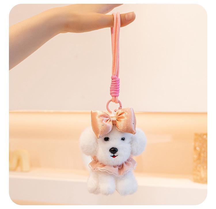 Adorable Princess Teddy Dog Pendant with Bow Tie - Plush Keychain Doll
