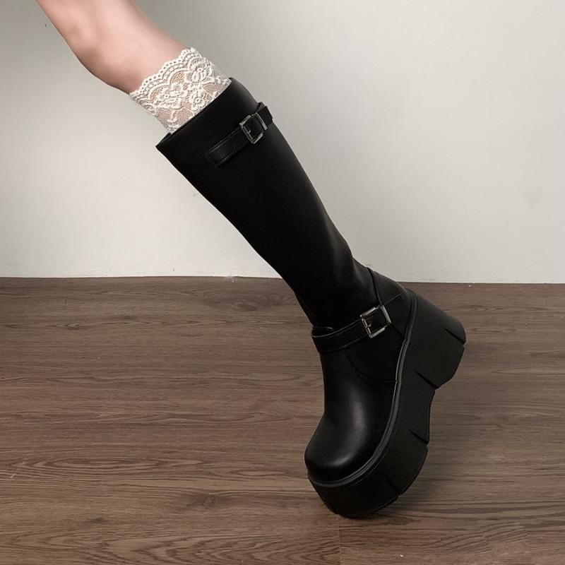 Classics Black Women'S Boots Height Increasing Knee-High Long Boots Women Belt Buckle Side Zip Round Toe Wedge Platform Shoes
