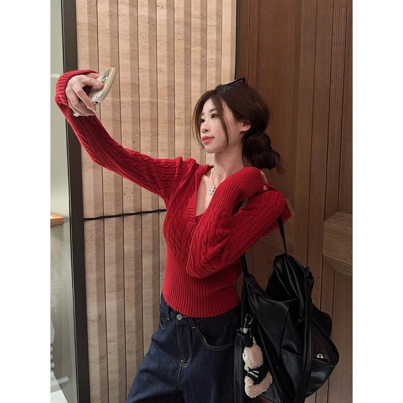 Kumikumi Stylish Gray Elegant Chic Hooded Long Sleeves Knitwear Women's Clothing Autumn Slimming Easiest for Match Tops