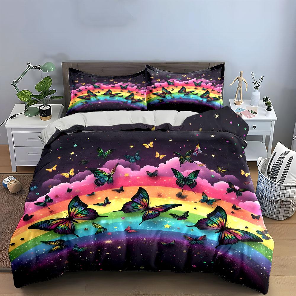 "Vibrant Butterflies and Rainbow Dcor" kid's and adults' bedroom decor Exquisite three-piece bedding set gift