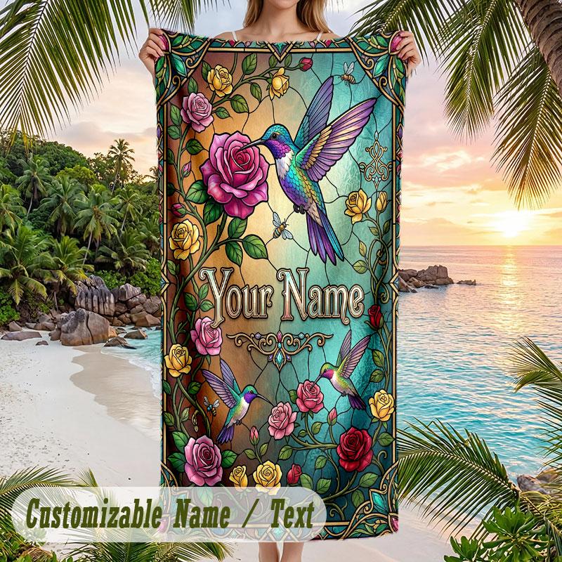Hummingbirds Floral Harmony Theme Quick Dry Beach Towel Custom Name Text Print Large Sand Resistant Towel Beach Vacation
