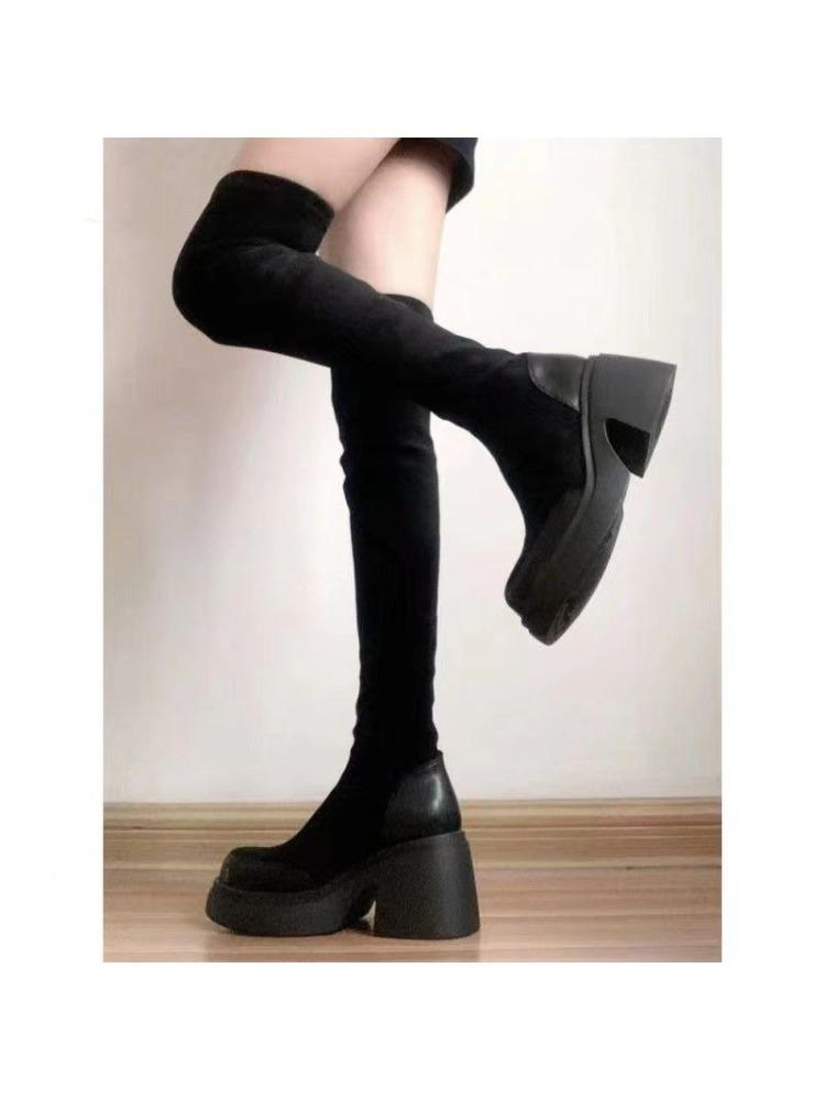 Winter New Large-size Korean Version Fashion Suede Knee-length Boots Women's Thick-soled High-length Skinny Boots Plush