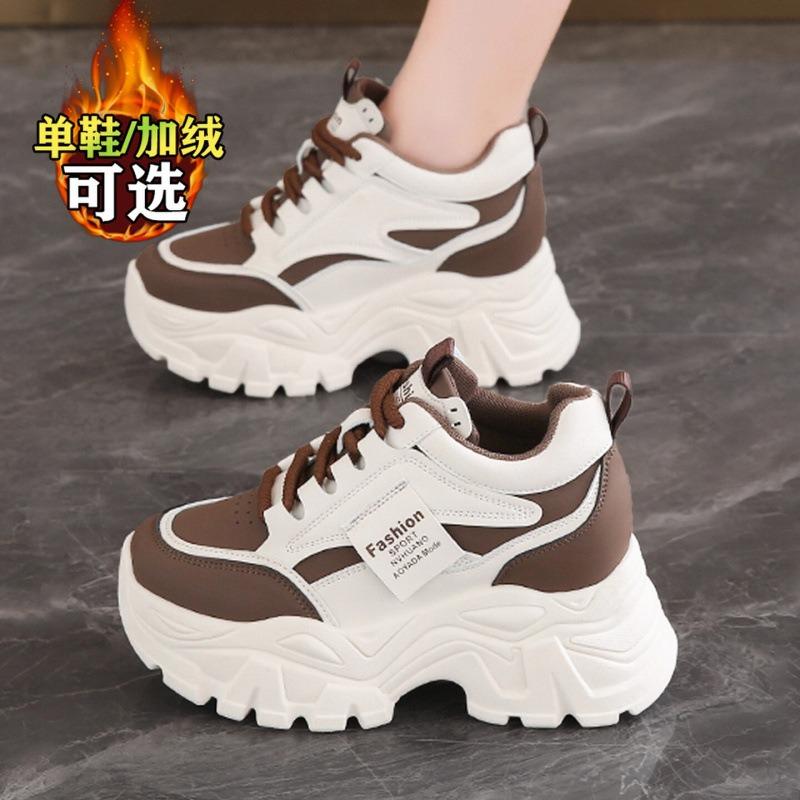 Women's shoes autumn and winter platform dad shoes small inner height increase velvet cotton shoes leather surface casual sports