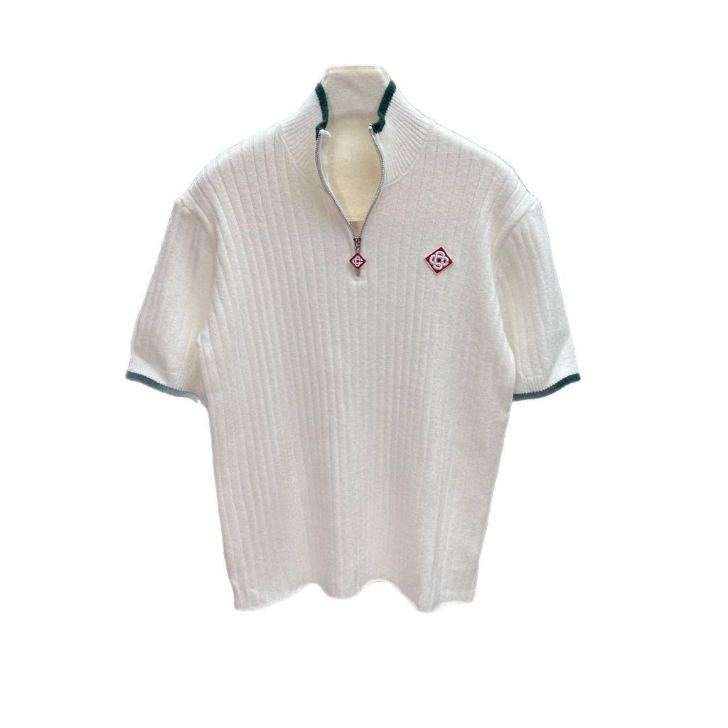 Suéter Camiseta de Malha de Manga Curta Transfronteiriço Europeu-Americano com Gola Alta e Logo Bordado no Peito