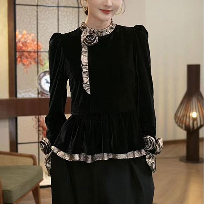 

Стильная Элегантная Рубашка со Стойкой Весна Осень Женская Одежда Шикарная Цветочная Трехмерная Отделка Повседневная Блузка в Лоскутной Технике XXXL чёрный