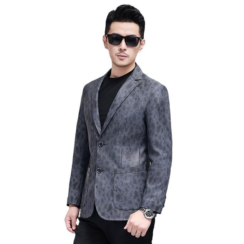 Spring and Autumn Genuine Leather Jacket Men's First Layer Cowhide Printed Suit Business Casual Men's Jacket Dad's Wear