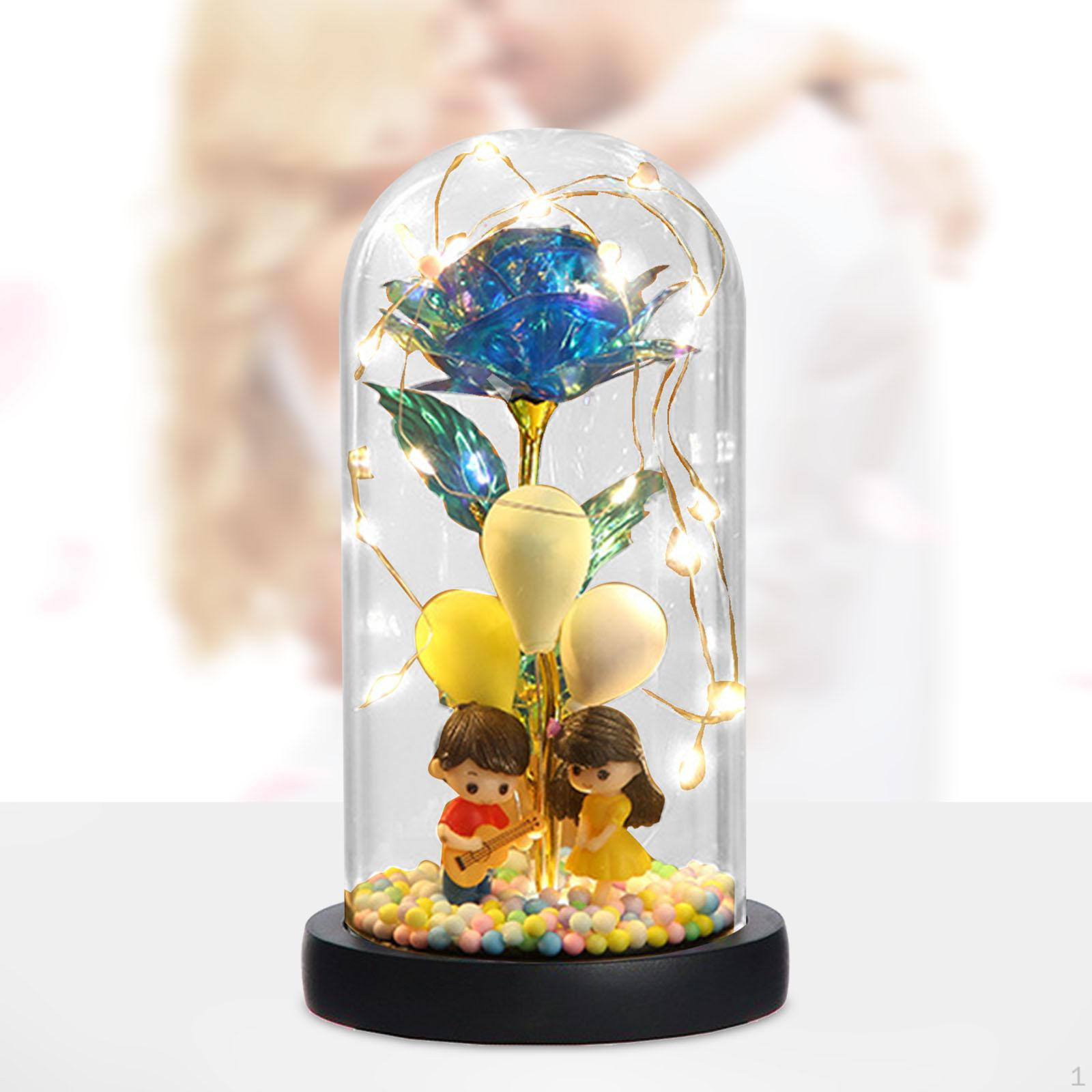 

Rose Flower with Glass Cover in Dome Bedside Lamp Creative LED Night Light синій