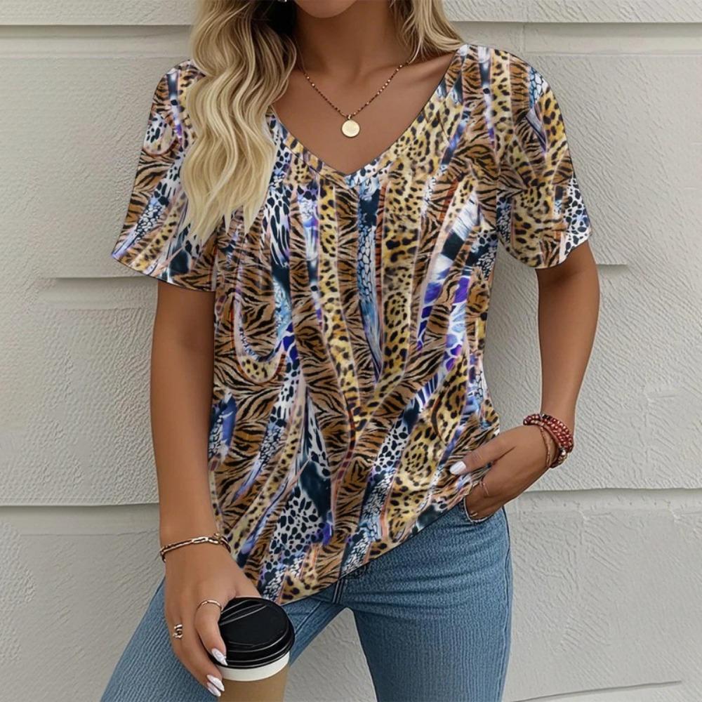 Women's Tribal Abstract Graphic V Neck T-Shirt, Short Sleeve Casual Tops, Yellow Brown Fashion Daily Outfit for Spring & Summer