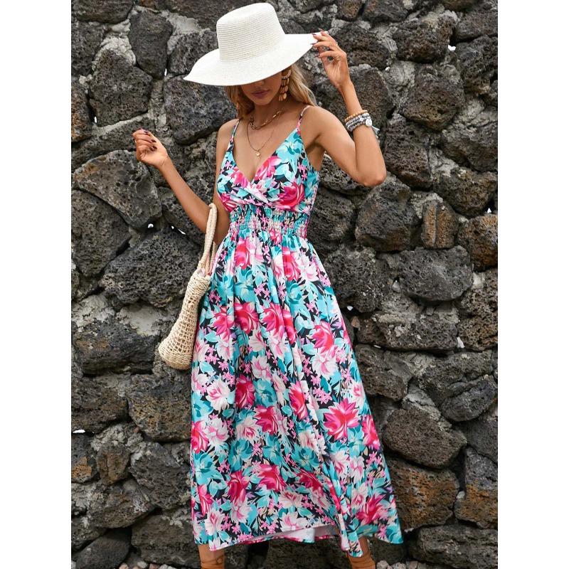 Summer Floral Printing Suspender V-neck Dress Women Elegant Loose Slim Waist Holiday A-line Party Dresses Sleeveless Fashion Casual Women's Clothing
