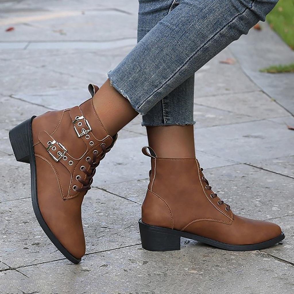 Ladies And Winter Solid Color Versatile Chunky Heel Large Belt Low Barrel Short Boots Women Boots Low Heel