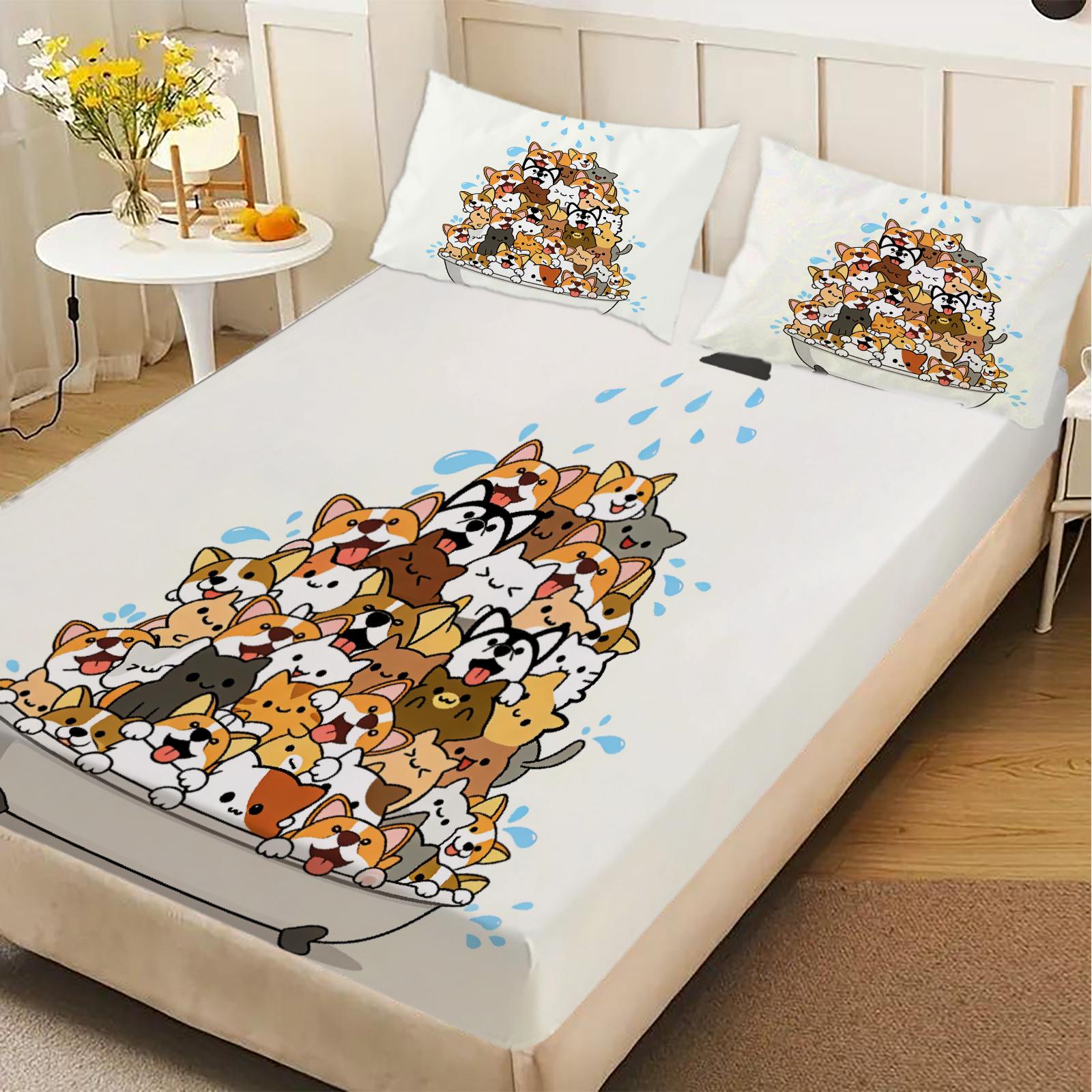 

Cute Cat And Dog Pile Fitted Sheet Set White Cartoon Animal Print Bedding With Pillowcases For Kids Room 150x200x25cm