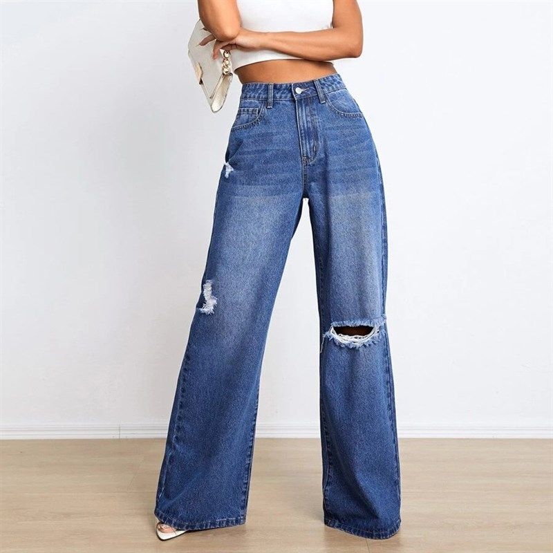 

Women s Jeans with Torn Holes, Loose and Slimming Wide Leg P Dark Blue S