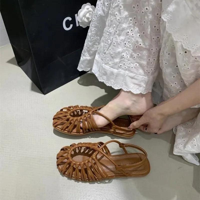 Fashion Retro Handmade Women's Sandals Summer Braided Breathable Flat Luxury Soft Cowhide Sandals Women's Shoes Sandalias De Mujer