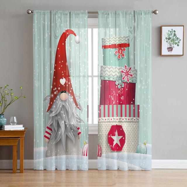 

Рождественский гном с рисунком под дерево, снежные тюлевые шторы для украшения гостиной, современные шифоновые прозрачные вуали, рождественские шторы 135W x 114H(cm)