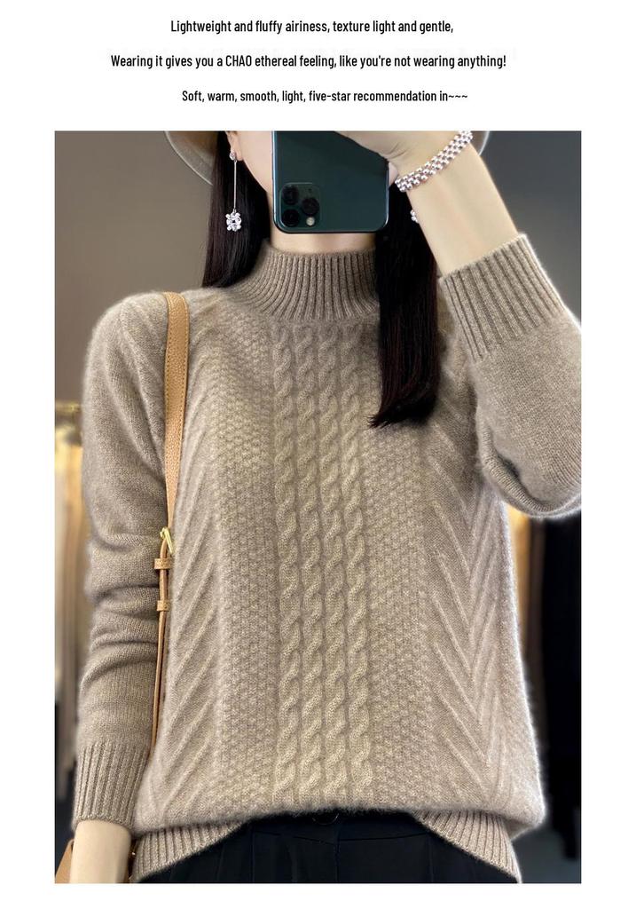 Women's Age-Reducing Loose Pure Wool Sweater, Half-High Collar, Thickened Knit Top for Autumn/Winter.