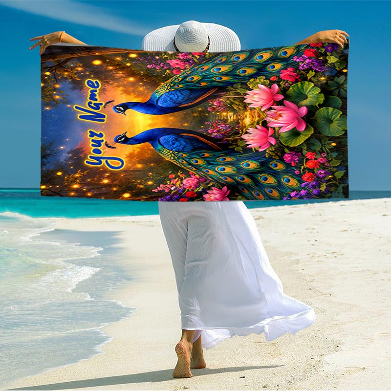 1PC Custom Name Peacock Garden Fantasy Beach Towel Highly Absorbent And Sand-Resistant Towel for Swimming, Pool, Yoga, And Travel Lightweight