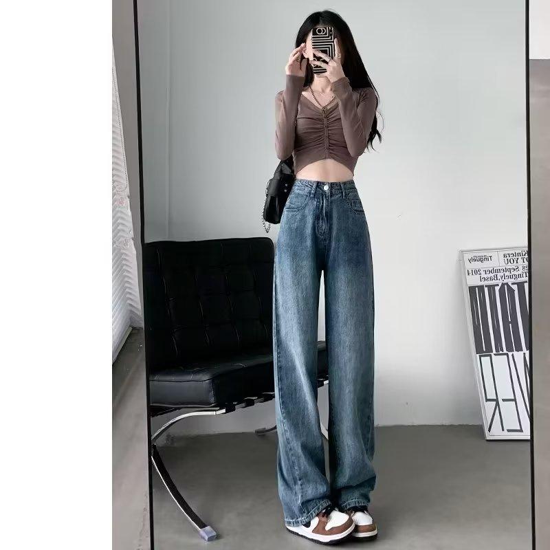 2024 Autumn Women s Retro Korean Straight-Leg High-Waist Wide-Leg Jeans 2XL