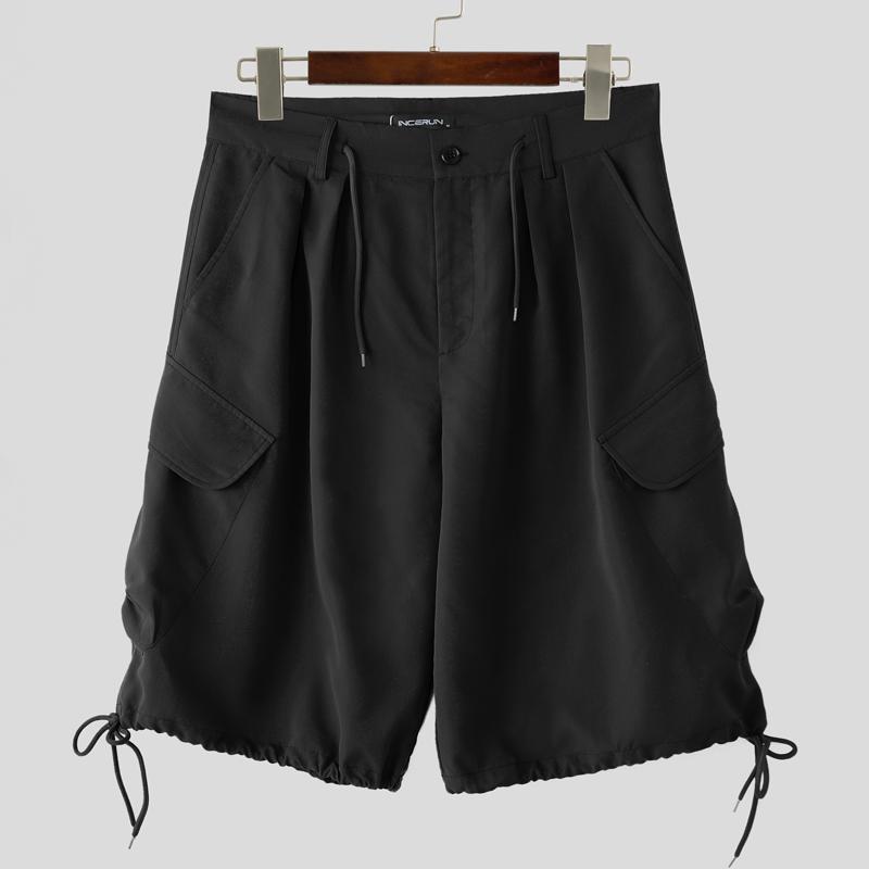 

INCERUN мужские высокие застежки-молнии с завязками на талии, однотонные повседневные свободные укороченные короткие брюки-карго S чёрный