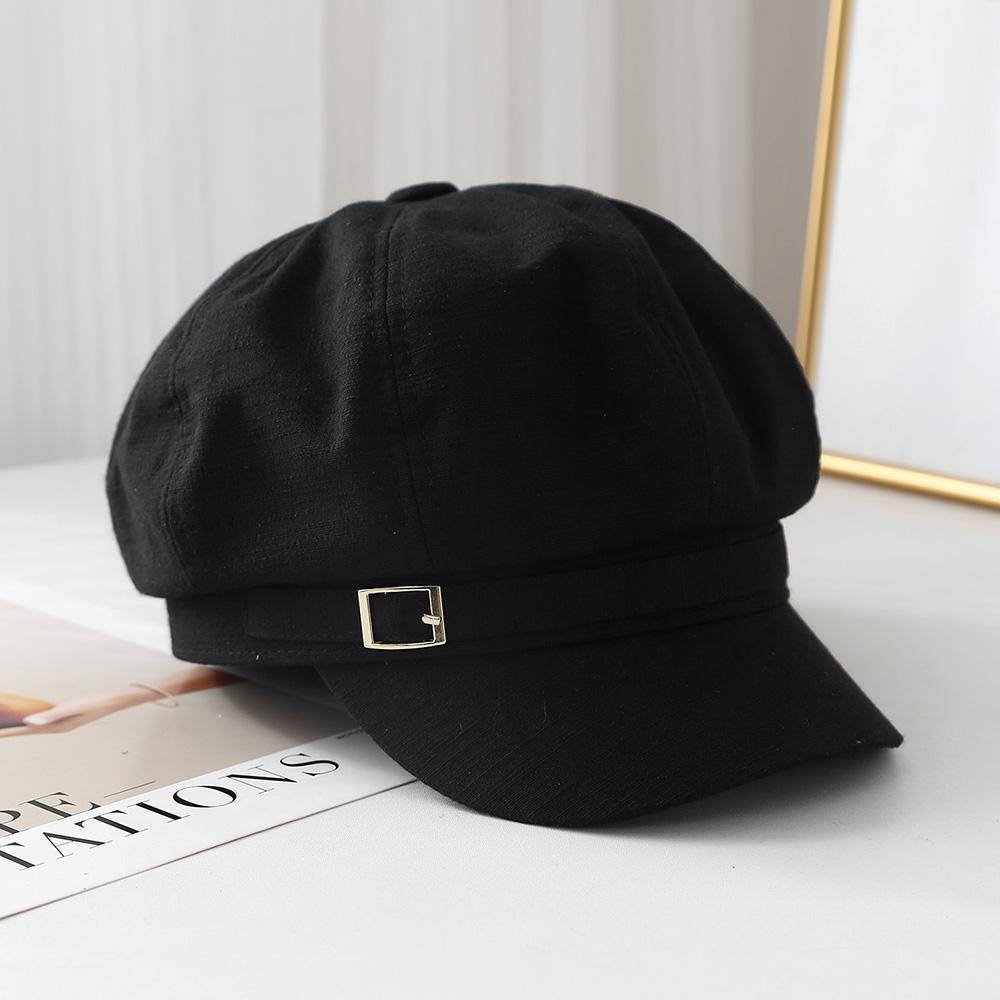 Black Beret Korean Women Artist Painter Hat Fashion Solid Color Octagonal Cap Belt Decor Retro Duck Tongue Caps Girl Beanies