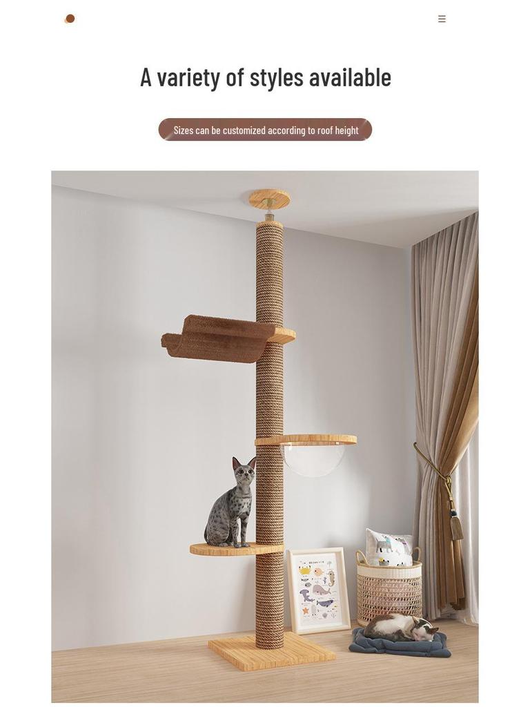 Boden-bis-Decke Katzenkratzbaum mit Raumkapsel & Kratzstamm, Massivholz, Vier Etagen, Katzenkletterspielzeug