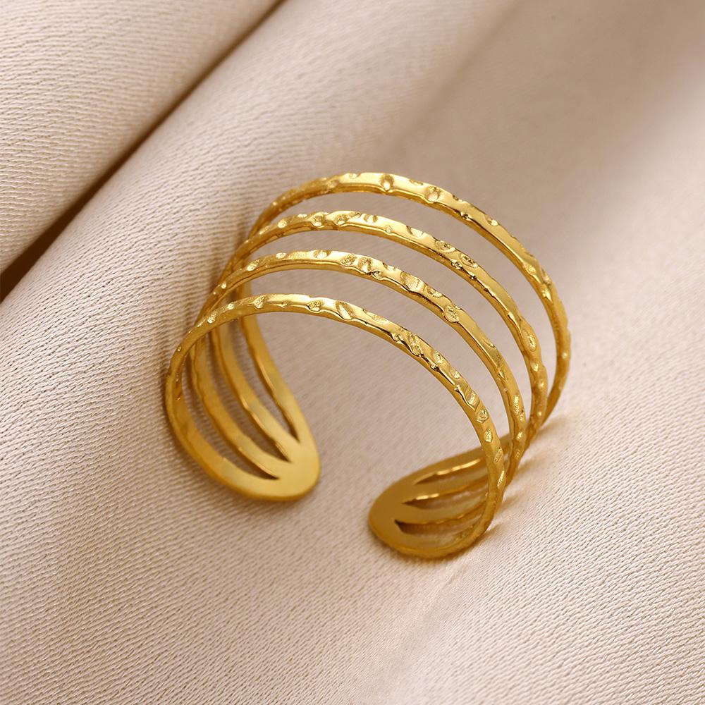 Stainless Steel Multi-Layer Hollow Ring For Women Men Gold Color Broad Finger Ring Jewelry Anillos Couple Wedding Aesthetic Gift