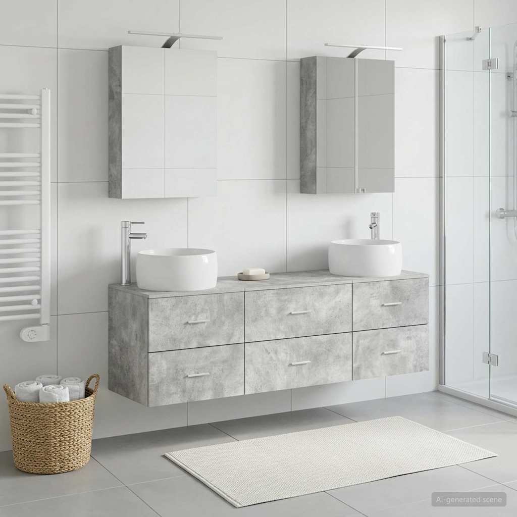 5 Piece Bathroom Furniture Set Concrete Grey Engineered Wood and Glass