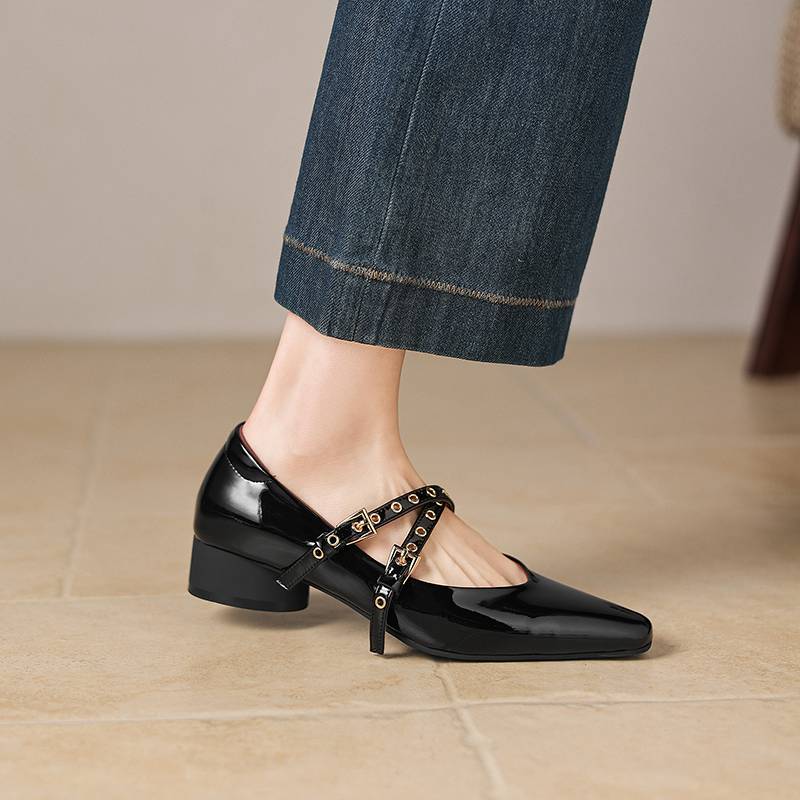 Krazing Pot Genuine Leather Square Toe Low Heels Summer Shoes Big Size 42 Buckle Straps Women Shallow Pumps