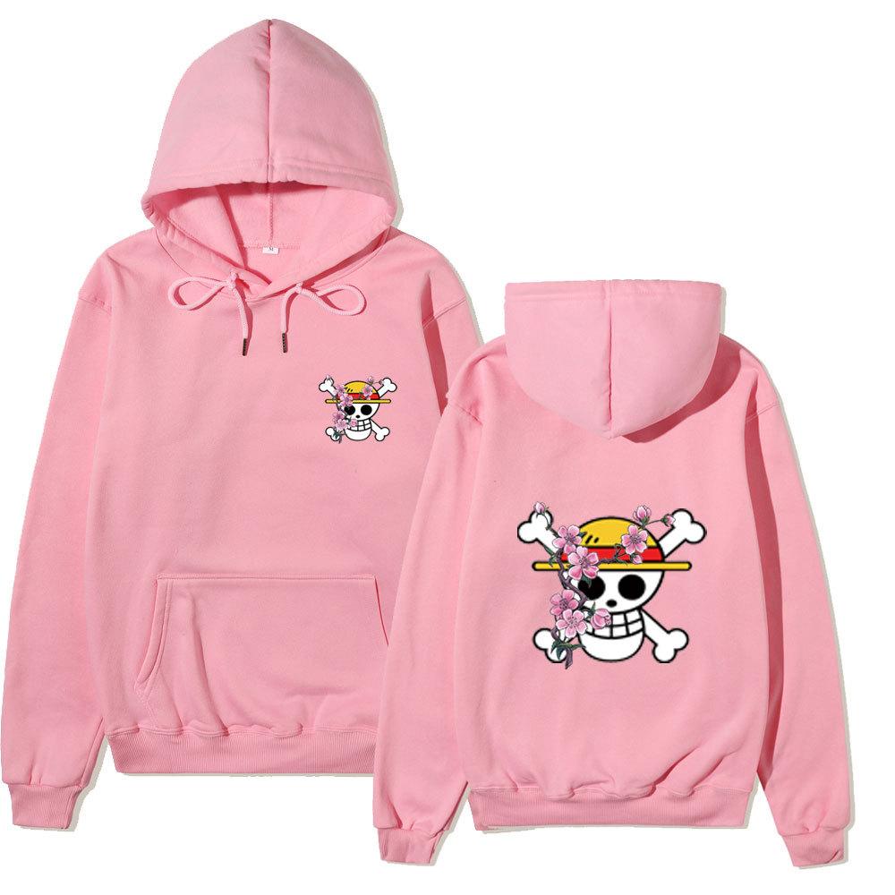 Anime One Piece Straw Hat Pirates Cherry Blossom Hoodie, Front Back Double Sided Print Pullover Sweatshirt for Men Women
