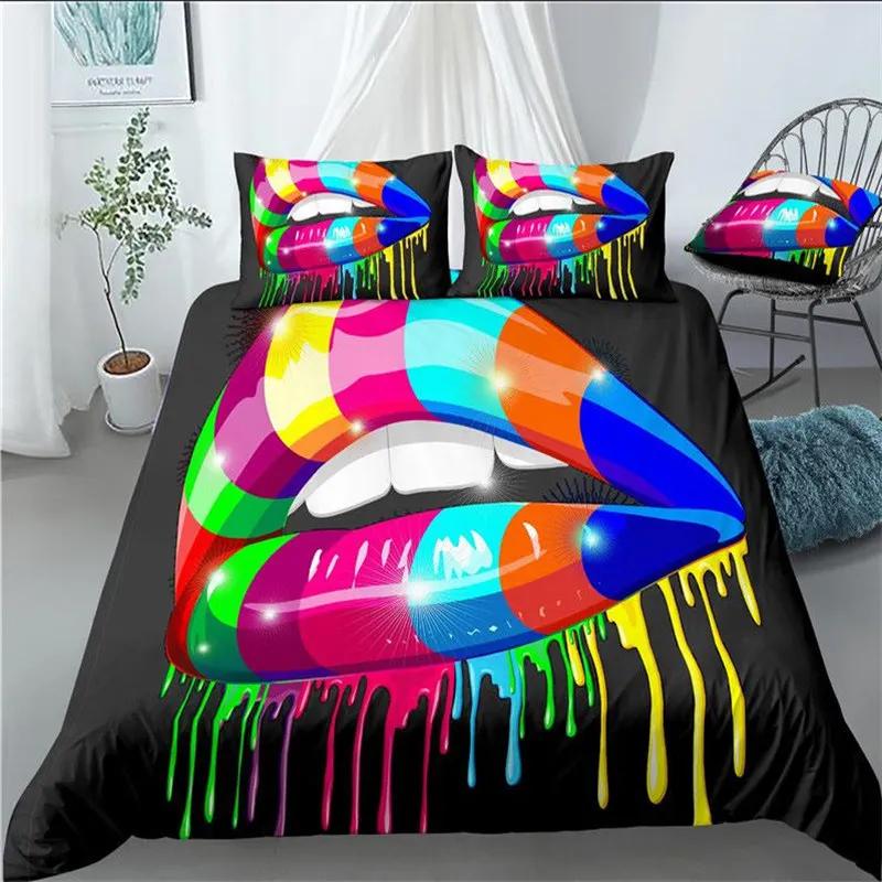 Housse de couette impression 3D Taille King Ensemble de literie Amour Motif Baisers Lèvres Housse de couette Décoratif Pour Femmes Filles Amoureux