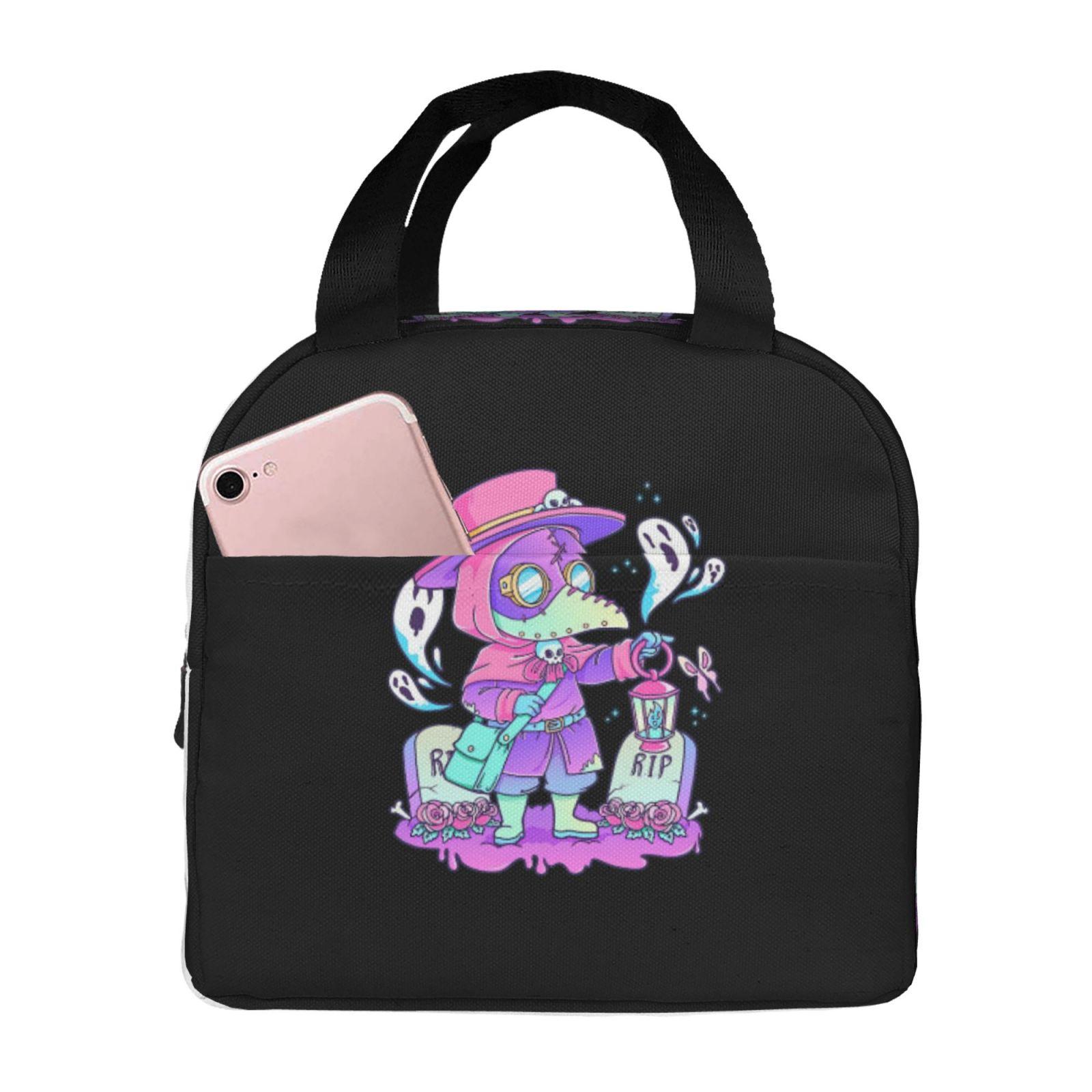 Pastel Goth Cute Creepy Plague Doctor Lunch Tote Bag Insulated Leakproof Lunch Box Container with Front Pocket for Girls Boys чёрный