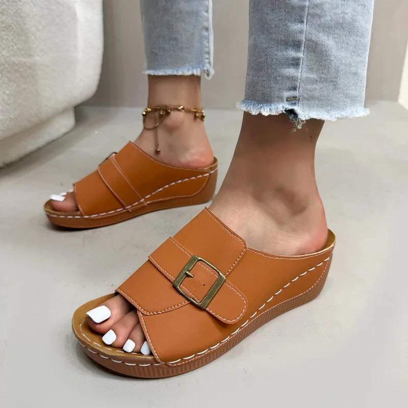Fashion 2025 Summer Plus Size Women's Open Toe Slippers Outdoor Casual Round Toe Buckle Wedges Sandals for Comfortable Daily Slippers