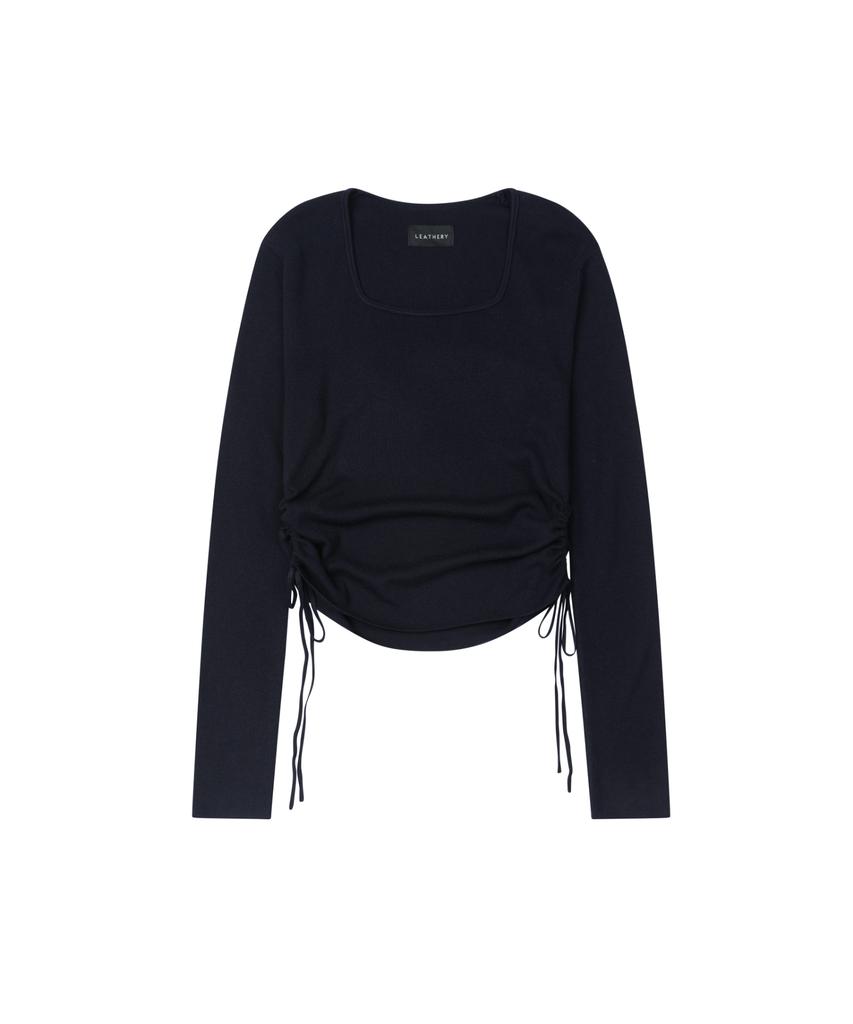 Ledeoli Square Neck Shirred Wool Knit Top [Navy]