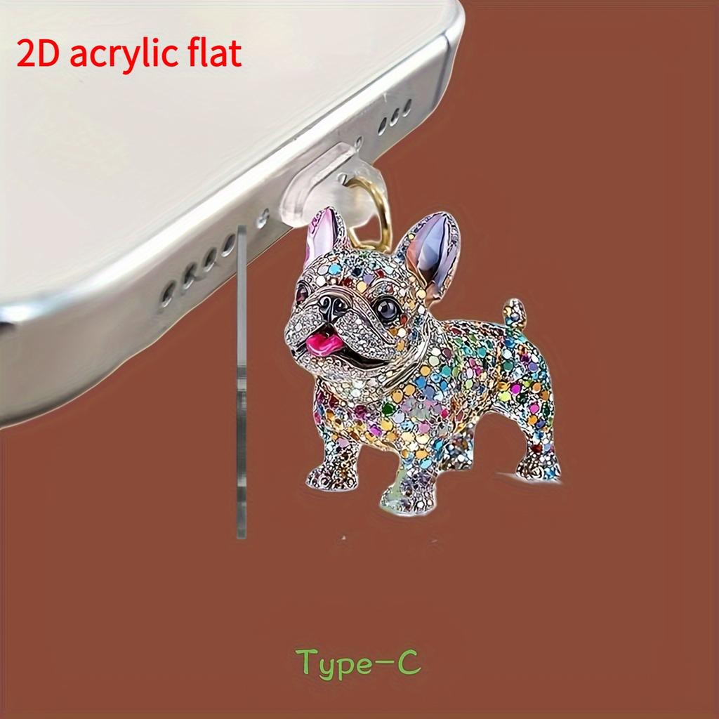 1 шт. Блестящая акриловая заглушка от пыли в виде французского бульдога для разъема iPhone/Type-C - Ослепительный дизайн со стразами