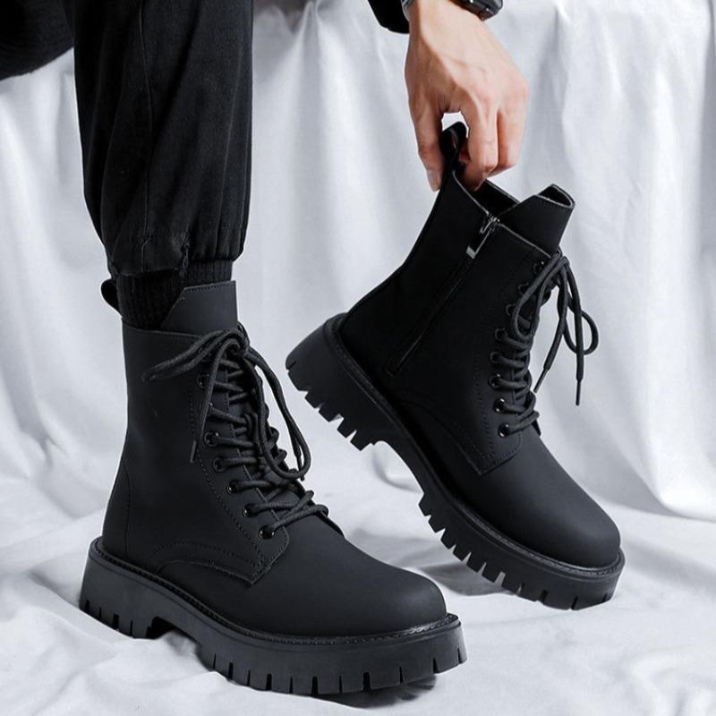 2026New Men's Boots Fashion High Top Motorcycle Boots British Casual Leather Boot Plush Warm Winter Boots for Men Platform Botas