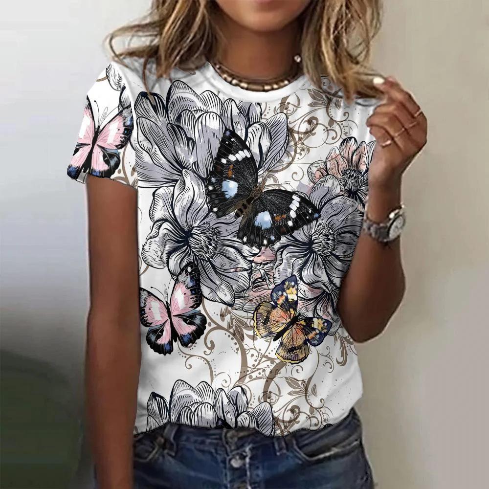 

Летняя новинка, футболка с 3D-принтом животных и бабочек, женская футболка с круглым вырезом и короткими рукавами, уличная одежда Харадзюку Y2K, футболка, женская одежда XL