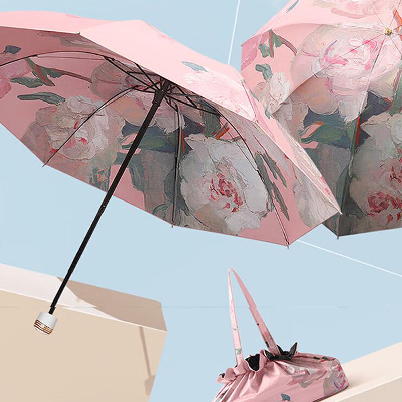 APLO Automatic Pink Peony Black Glue UV Protection Travel Umbrella
