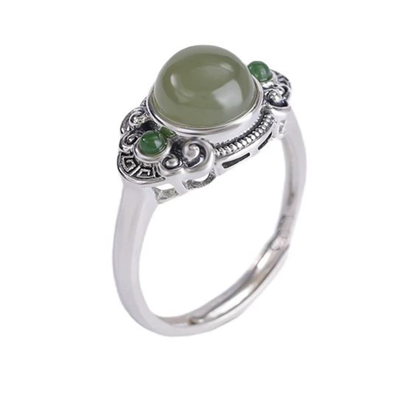Ethnic Style Thai Silver Flower Green Stone Adjustable Finger Rings For Women Fashion New Jewelry Gift Party anillos