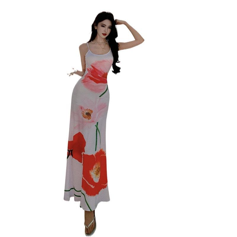 Summer Island Store Vacation Dahlia Printed Sexy Suspender Vest Skinny Hip Wrap Fishtail Dress