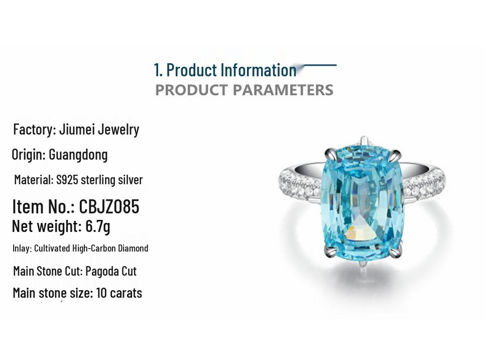 Jiu Mei S925 Sterling Silver Aquamarine Ring with 10 Carat High Carbon Diamond Zircon for Women.