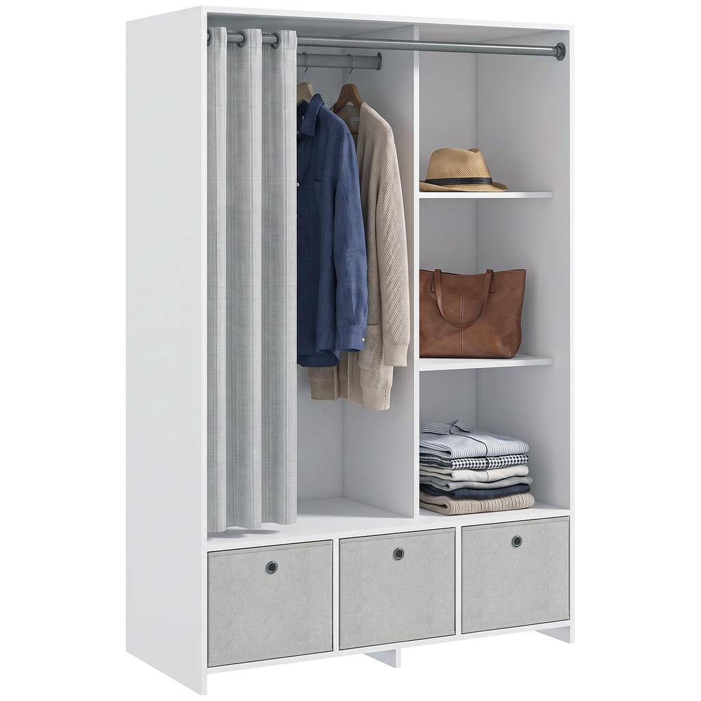 Wardrobe Closet Storage Cabinet With Hanging Rod Curtains 3 Removable Fabric Drawers 105 X 48 X 160 Cm White