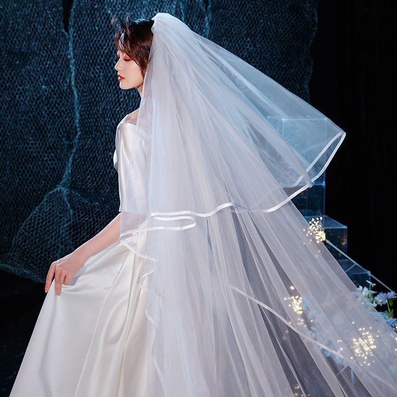 

White Forest-Style Travel Bridal Veil with Satin Edge, Double Layer, Face-Covering, Large Train 3m Wide Large Train Veil слоновая кость/белый