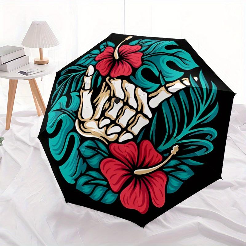 1pc Skull Flowers Automatic Open/close Folding Compact Umbrella, 8 Rib Sturdy Canopy, Lightweight Portable, Everyday Use, Gift,,139