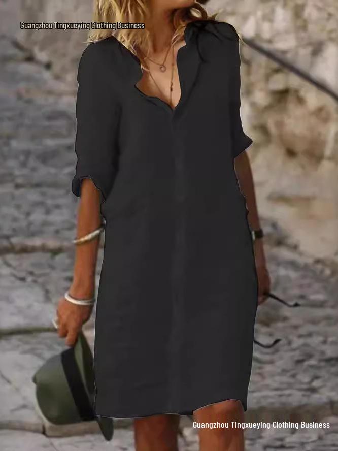 Loose Lapel Button Mid-Sleeve Solid Color Cotton Linen Shirt Dress