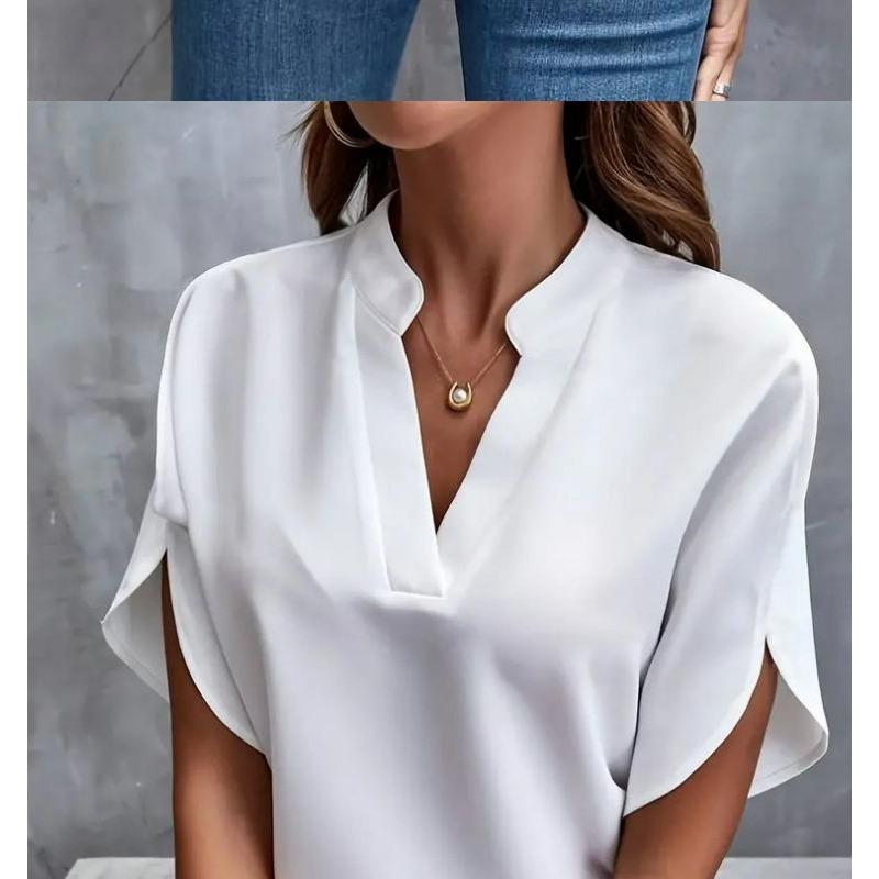 Damen 2025 Sommer Casual Einfarbig V-Ausschnitt Locker Bluse Tops für Damen