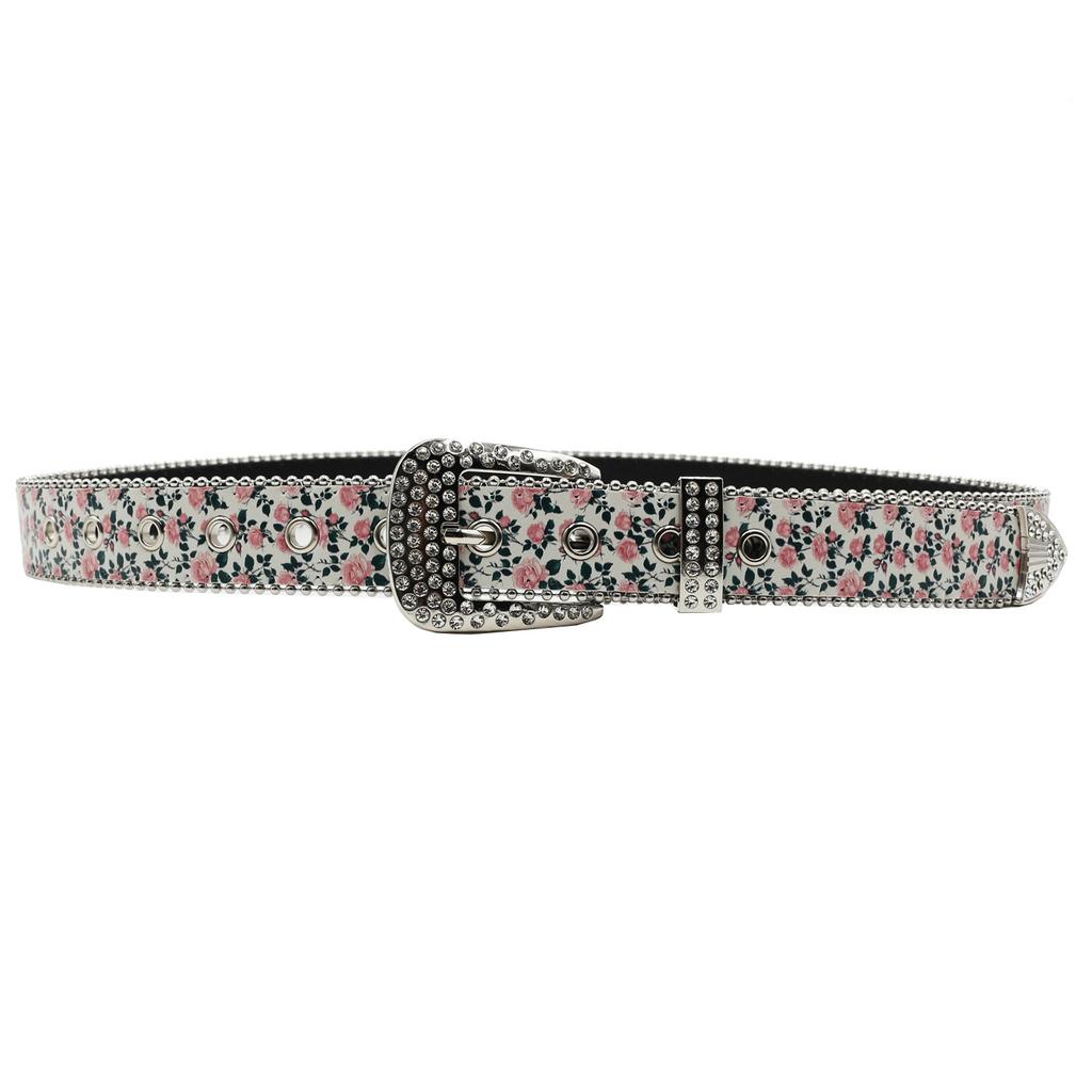 Rhinestone Belt Printing, European and American Popular Versatile Pink Rose Flower Belt PU Belt