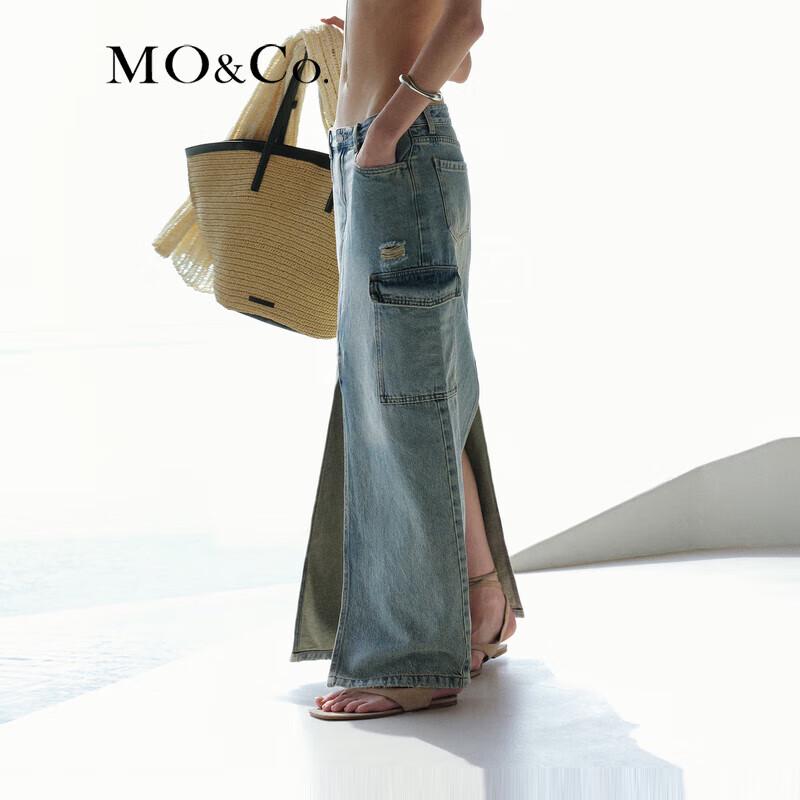MO&Co. High-Waist Distressed Slit Denim Skirt