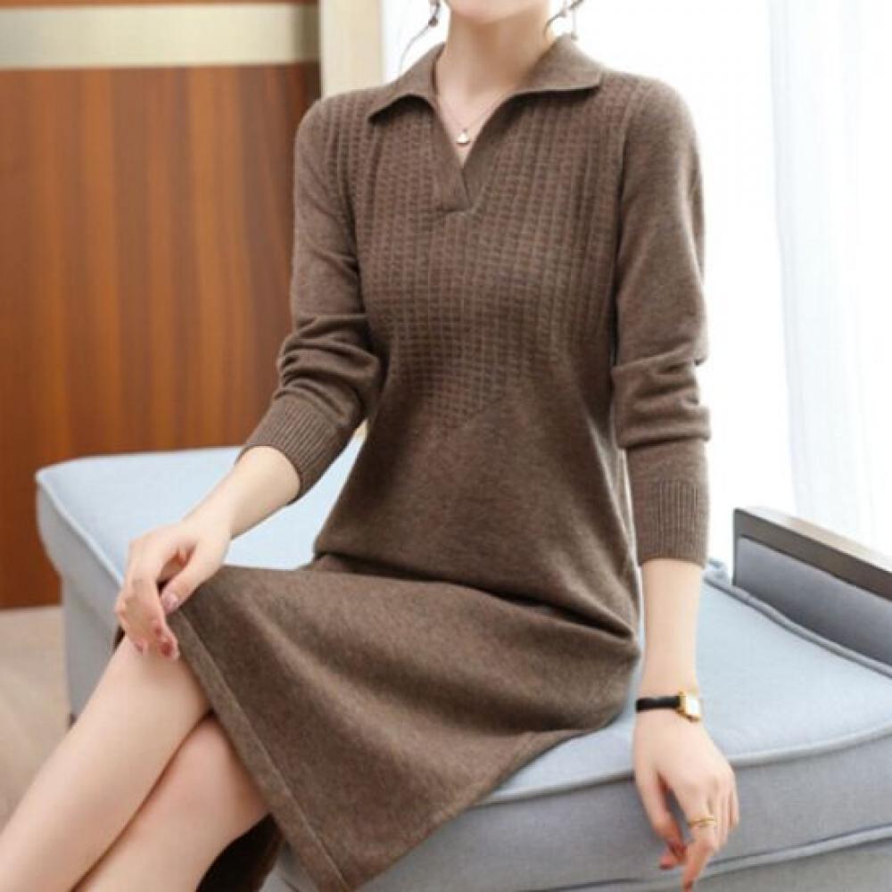 Navava Simple Daily Split Collar Long Sleeve Knit Dress No639