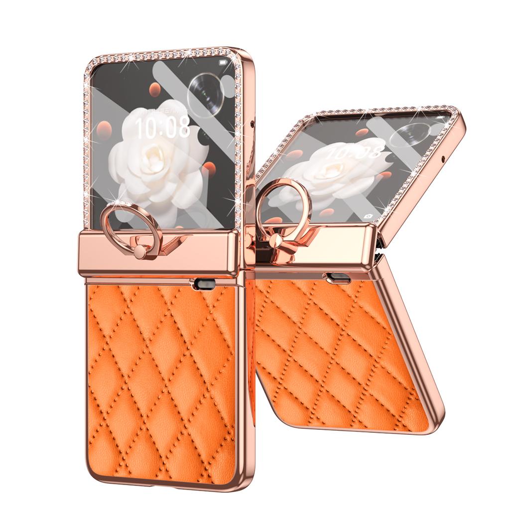 For Honor Magic V Flip Luxury Plating PC+Leather Hinge Full Body Cover Build-in Glass Front Film Shockproof Case