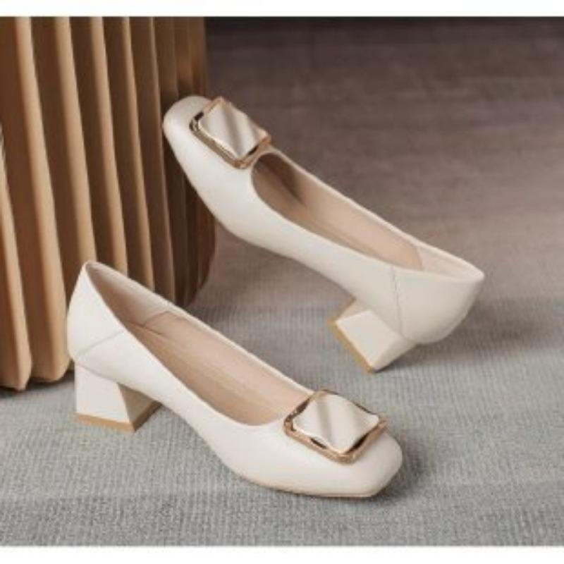 Autumn temperament women's shoes soft leather middle heel square buckle with skirt thick heel square head soft sole comfortable single shoes