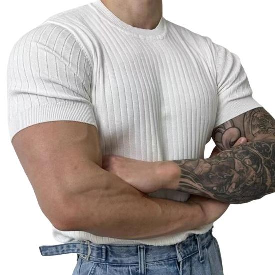 Мужская летняя спортивная футболка трикотажная эластичная эластичная футболка с круглым вырезом Slim Fit сплошной цвет пуловер с короткими рукавами для тренировок в тренажерном зале топ для тренировок M белый